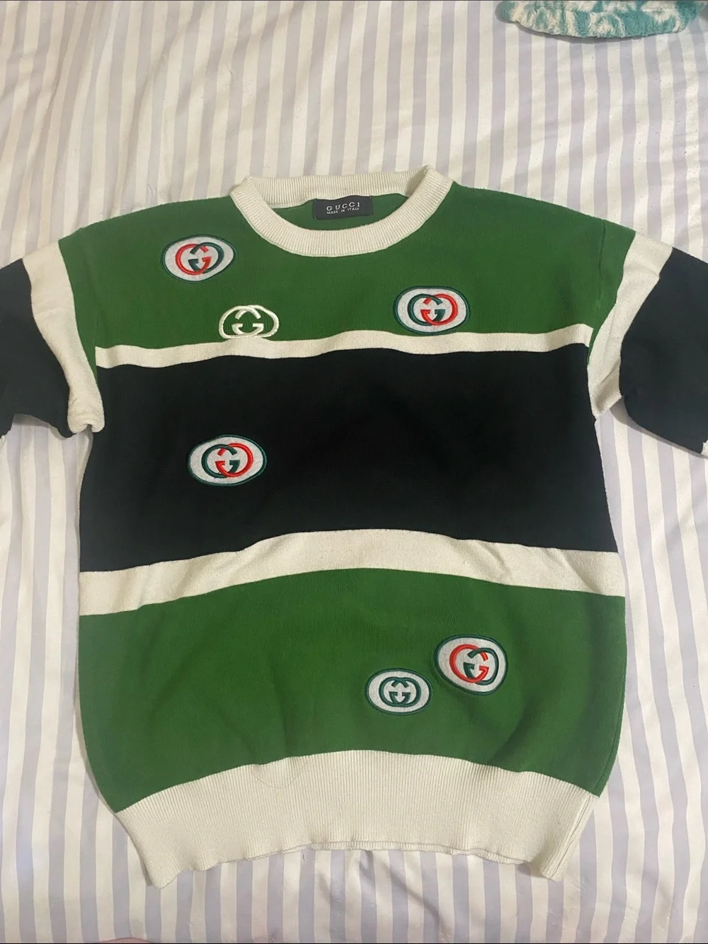 Gucci Green Black and White Striped Crewneck Sweater with Logo Patches